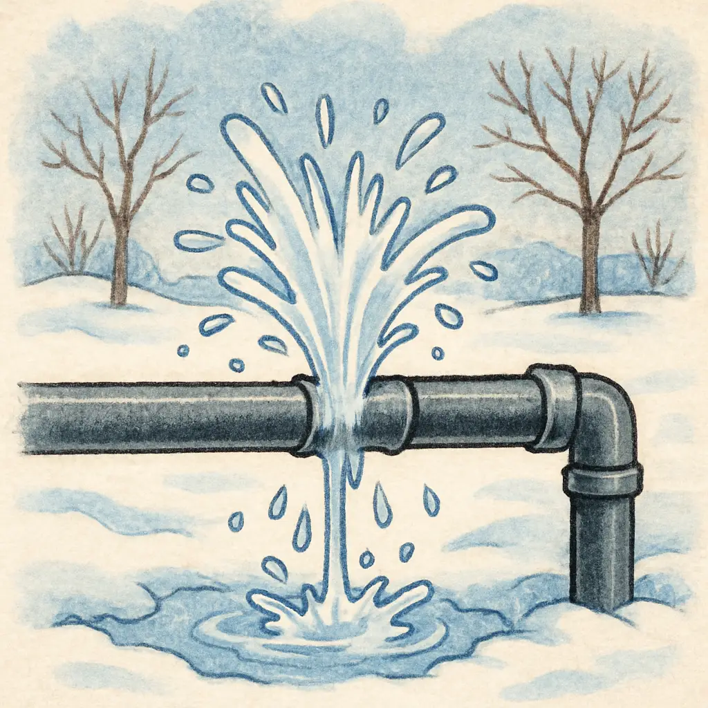Illustration of a burst pipe in winter