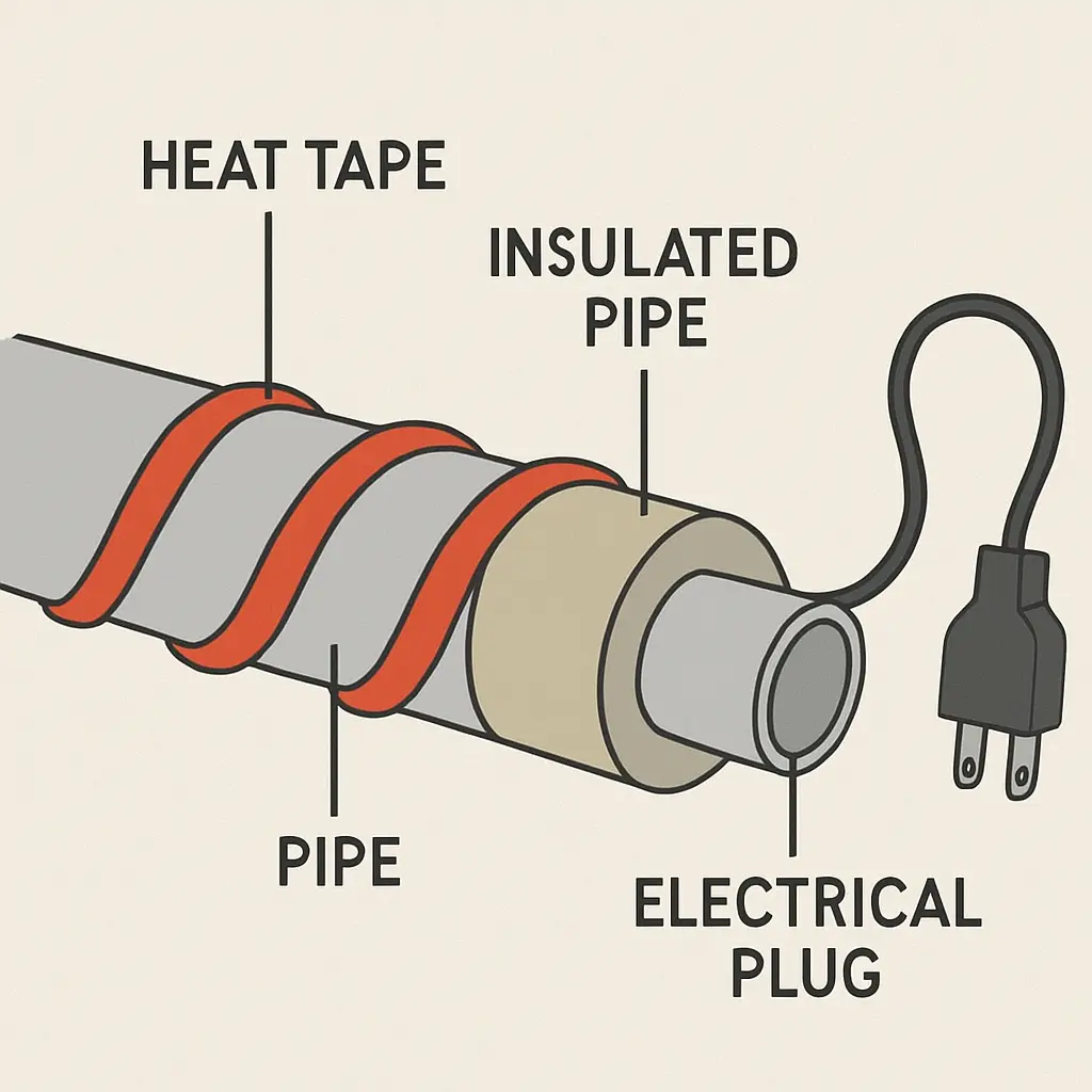 Diagram showing heat tape installed on pipes