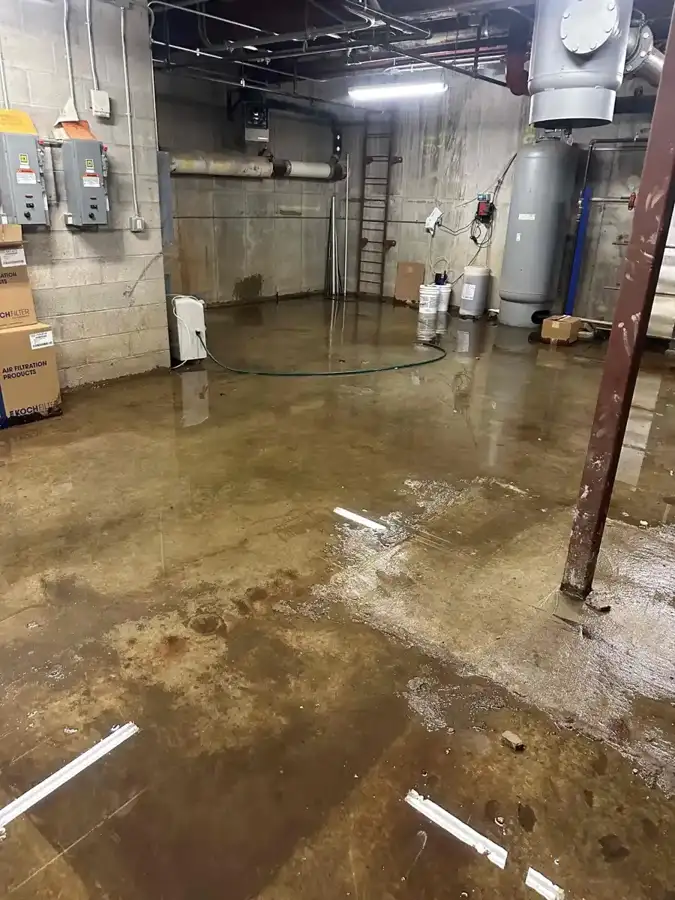 Basement floor covered in standing water after the sump pump failed