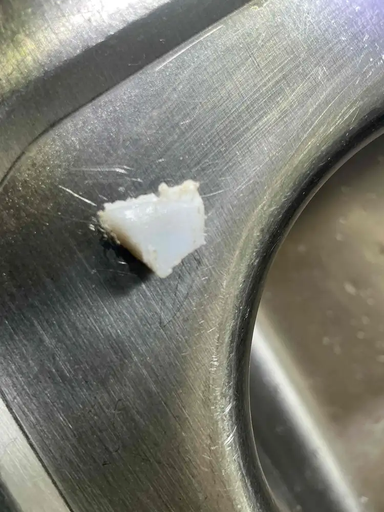 Grease and food residue clinging to the stainless steel flange area of a garbage disposal drain opening