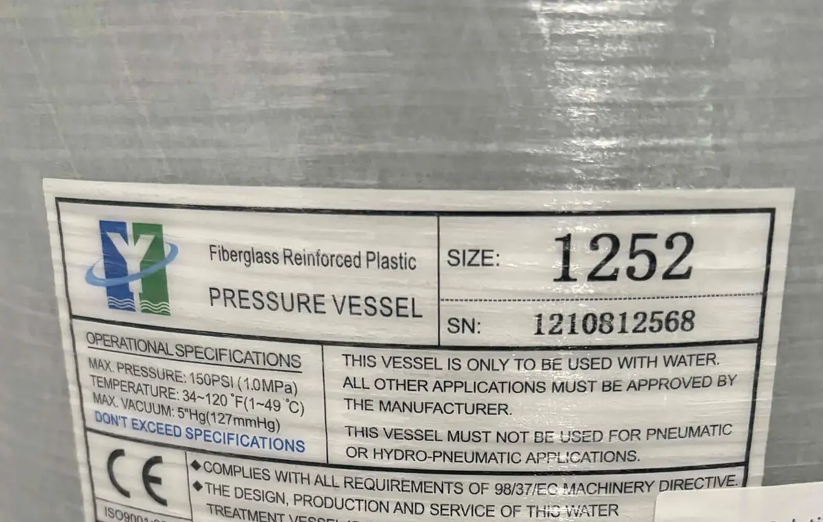 Size label on a fiberglass softener resin tank reading 1252
