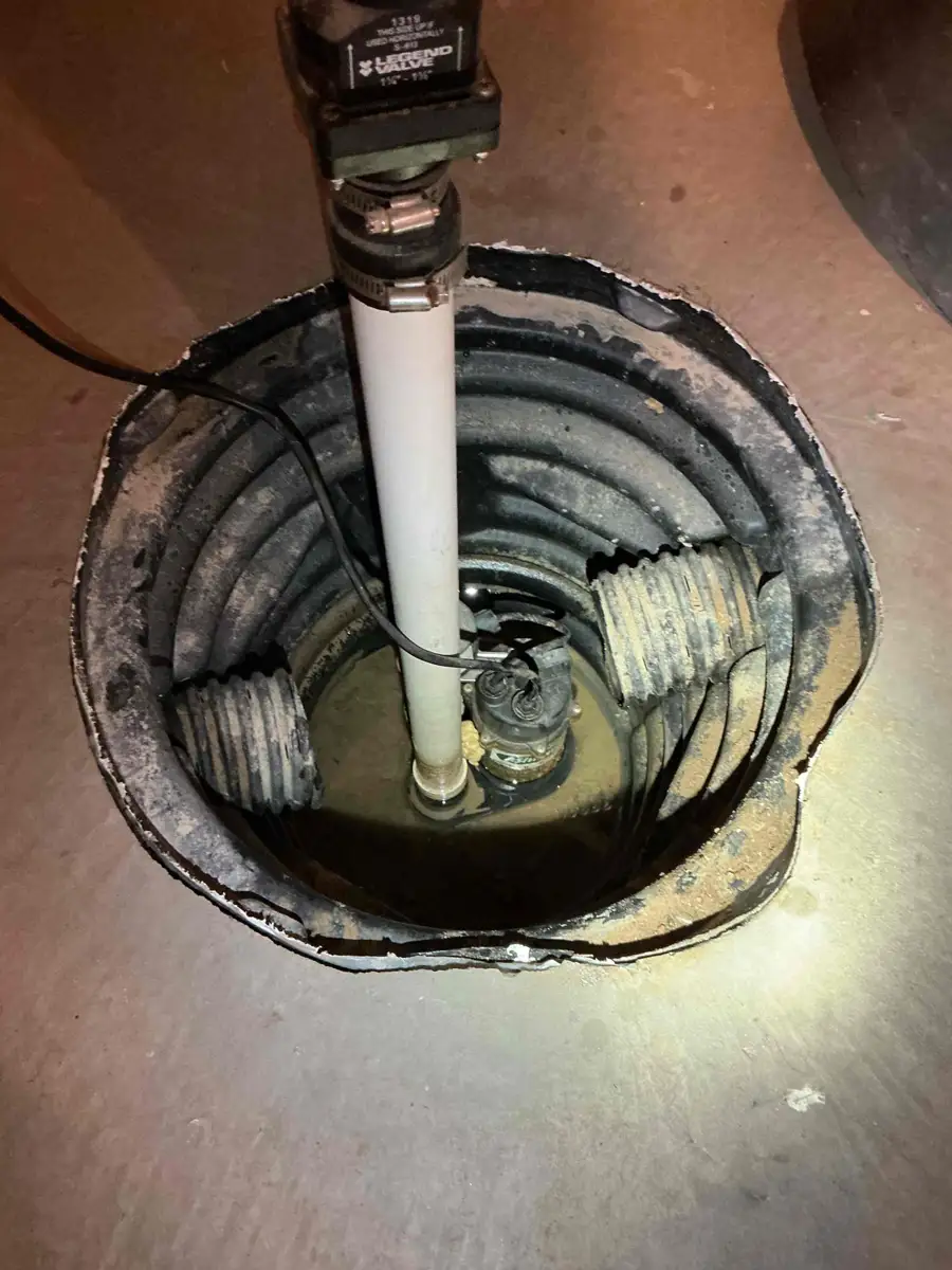 Sump pit holding water with the pump and check valve visible during a service call