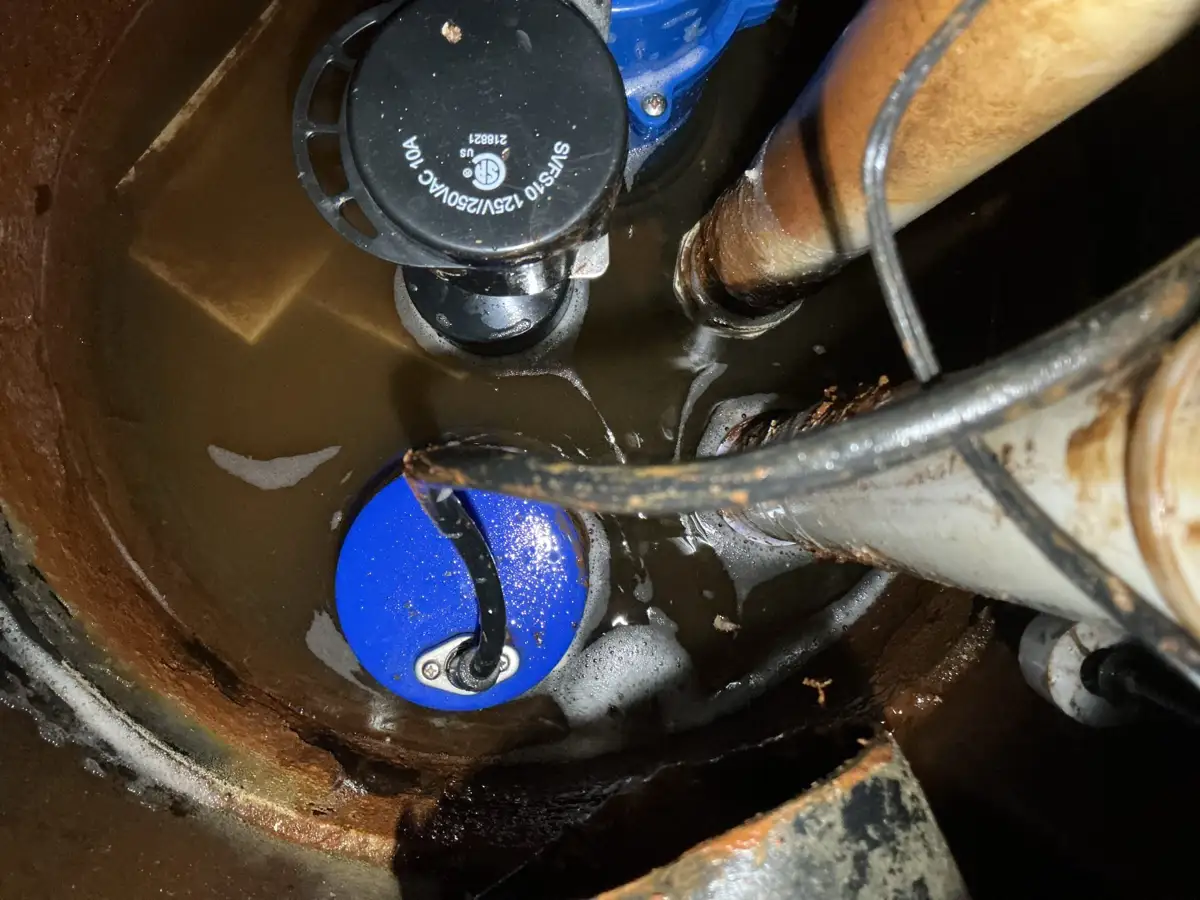 Steel sump basin with a blue float switch and check valve visible in standing water