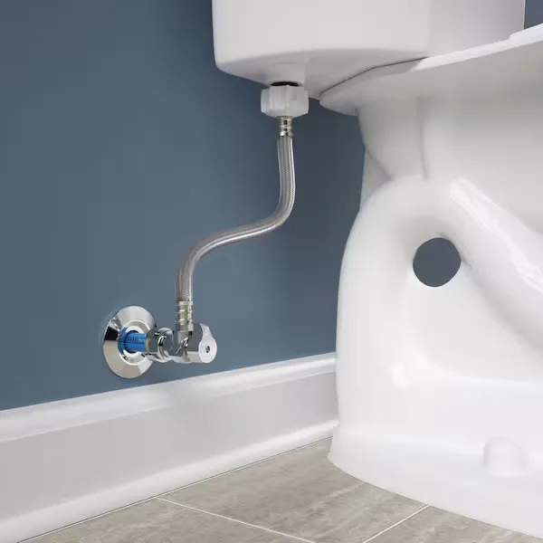 Chrome shut-off valve on the water supply line behind a toilet