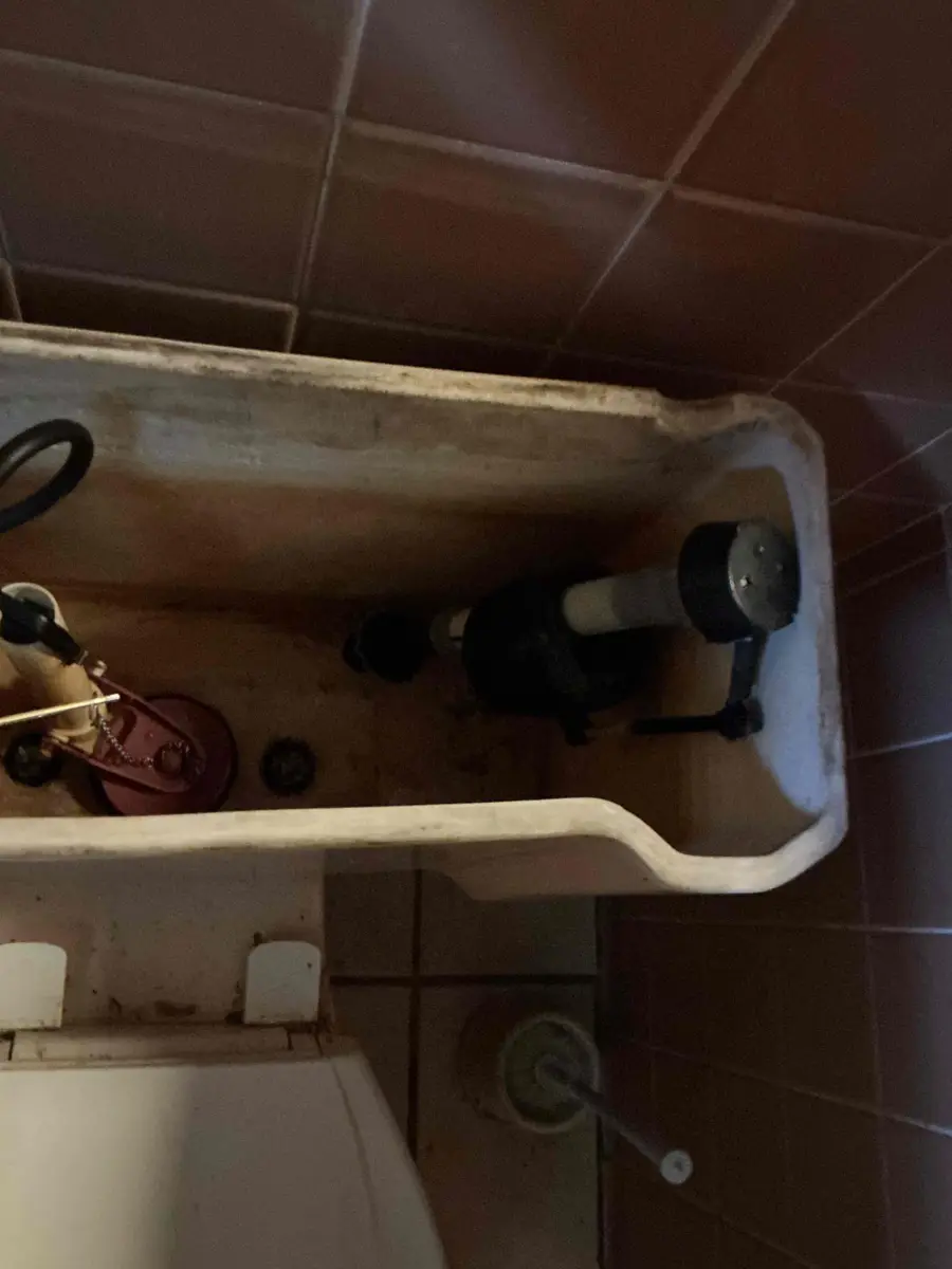 Interior of an older toilet tank with heavy mineral scale and staining along the porcelain rim, an aged black fill valve, and a worn red flapper
