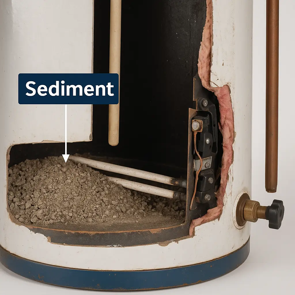 Sediment buildup inside a water heater tank found during an NSP Plumbing inspection in Grand Rapids, MI