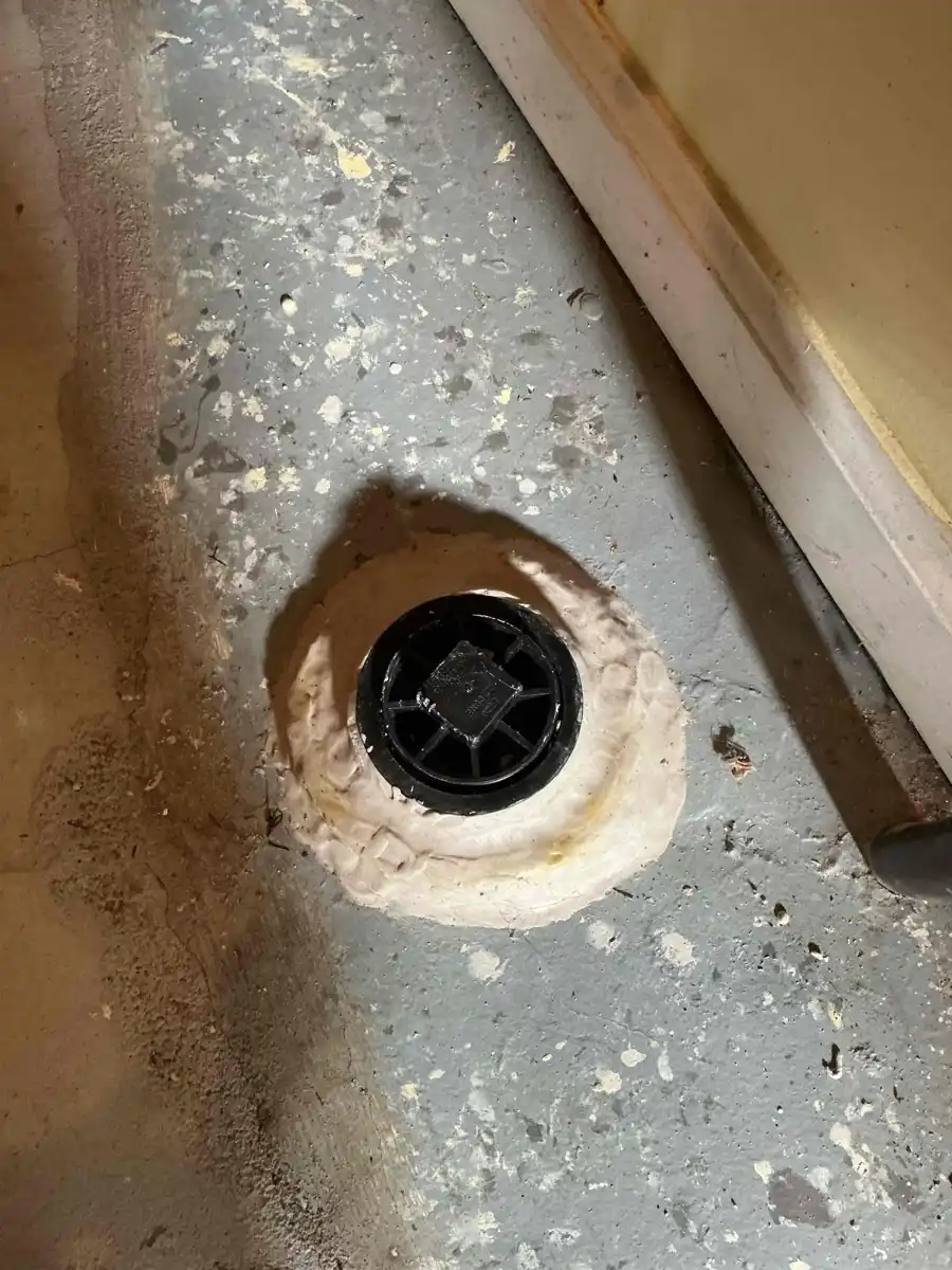 Basement floor drain with a black trap seal insert set into concrete