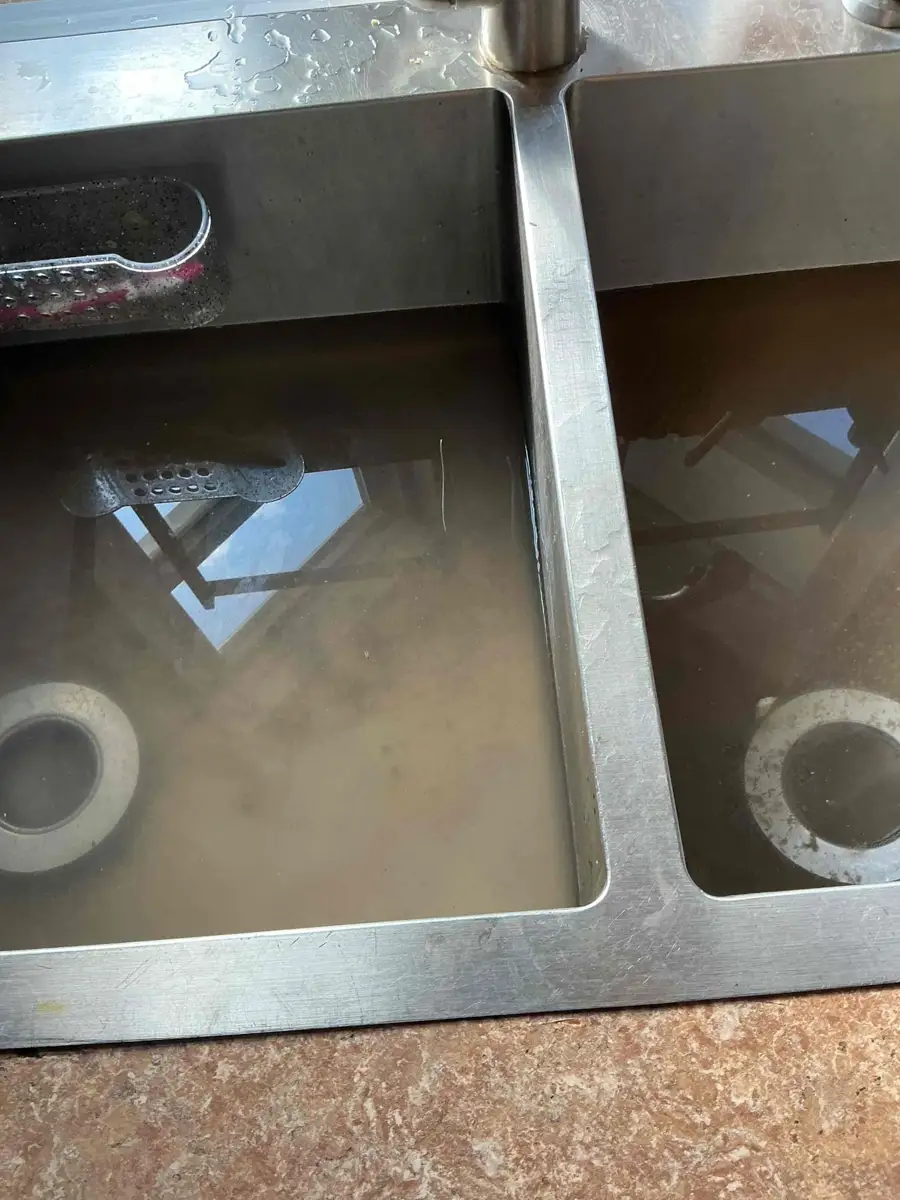 Double kitchen sink with both bowls full of standing grey water from a clogged drain