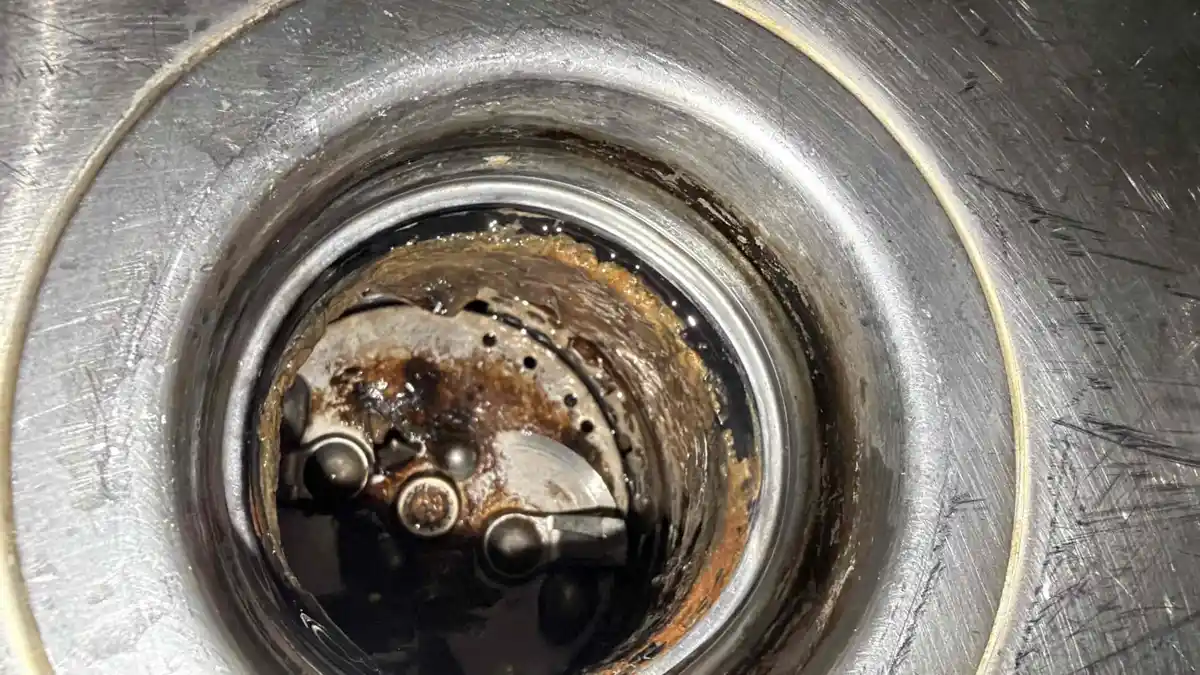 Garbage disposal drain opening with dark grime around the inside ring