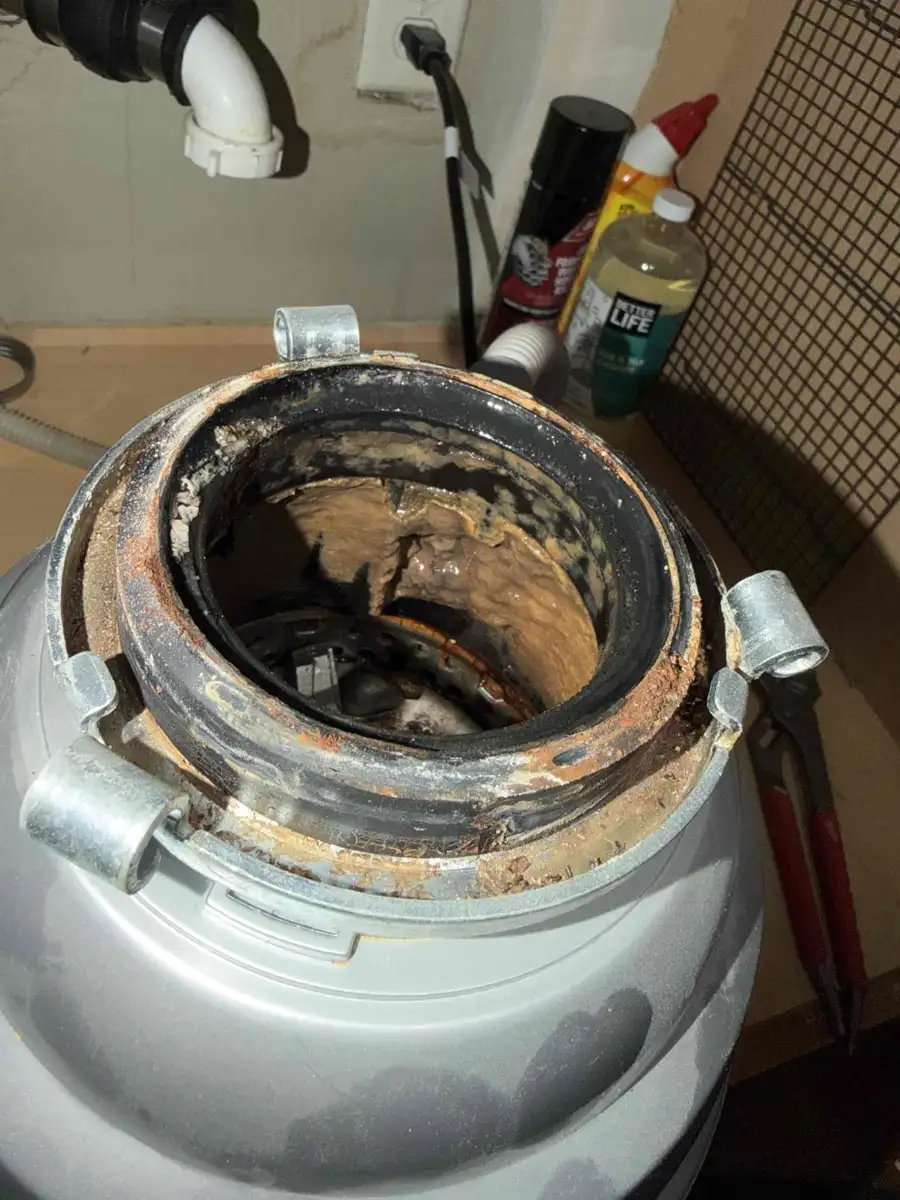 Top of a removed garbage disposal crusted with grease and food residue
