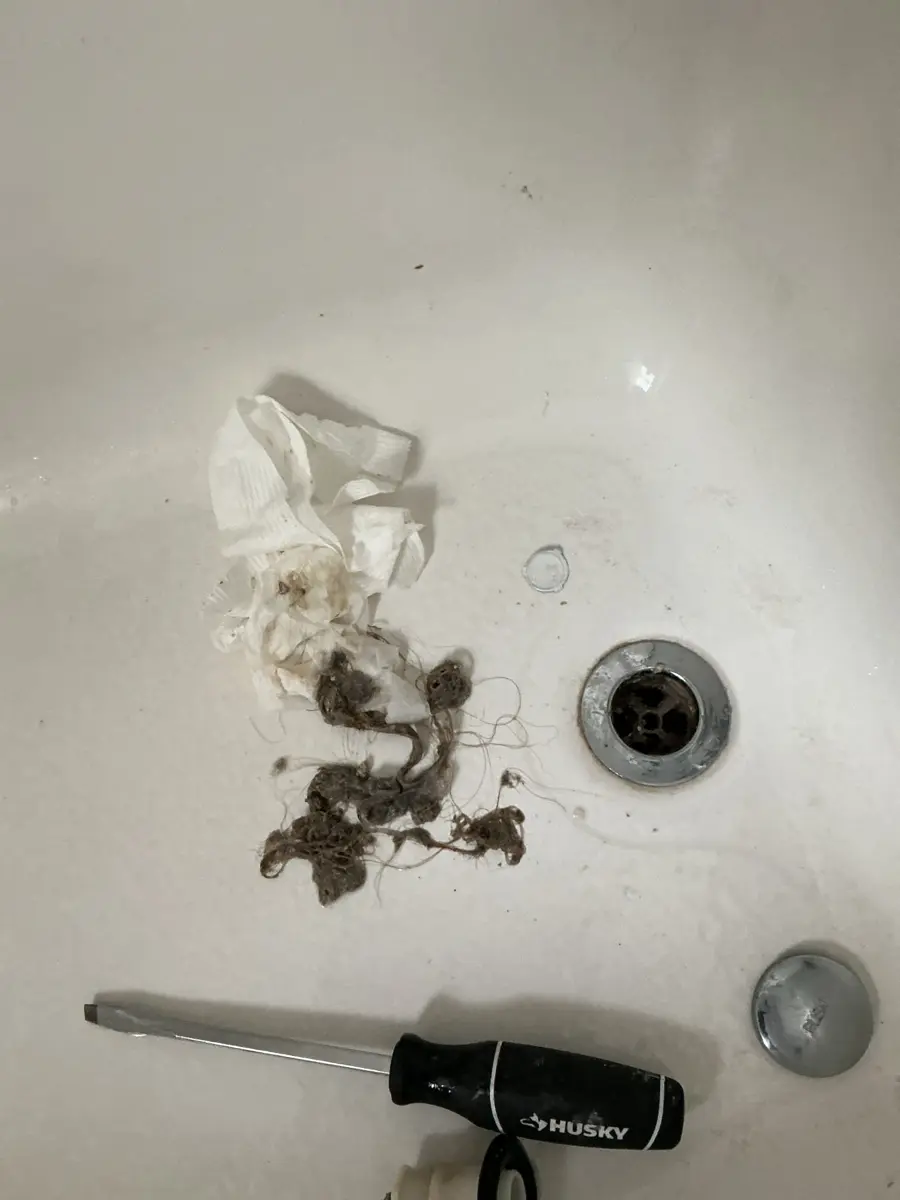 Hair clog and debris pulled out of a tub and shower drain with the drain cover removed and a screwdriver nearby