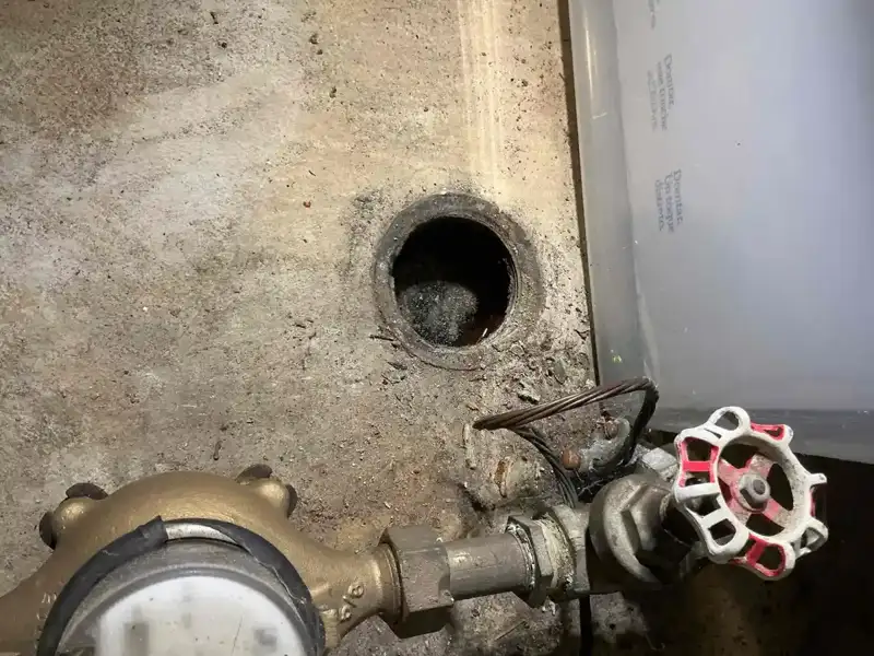 Water meter on a basement floor with a red wheel handle main water shutoff valve next to it