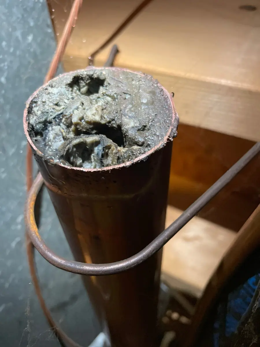 Section of old copper drain pipe cut open and packed with sludge