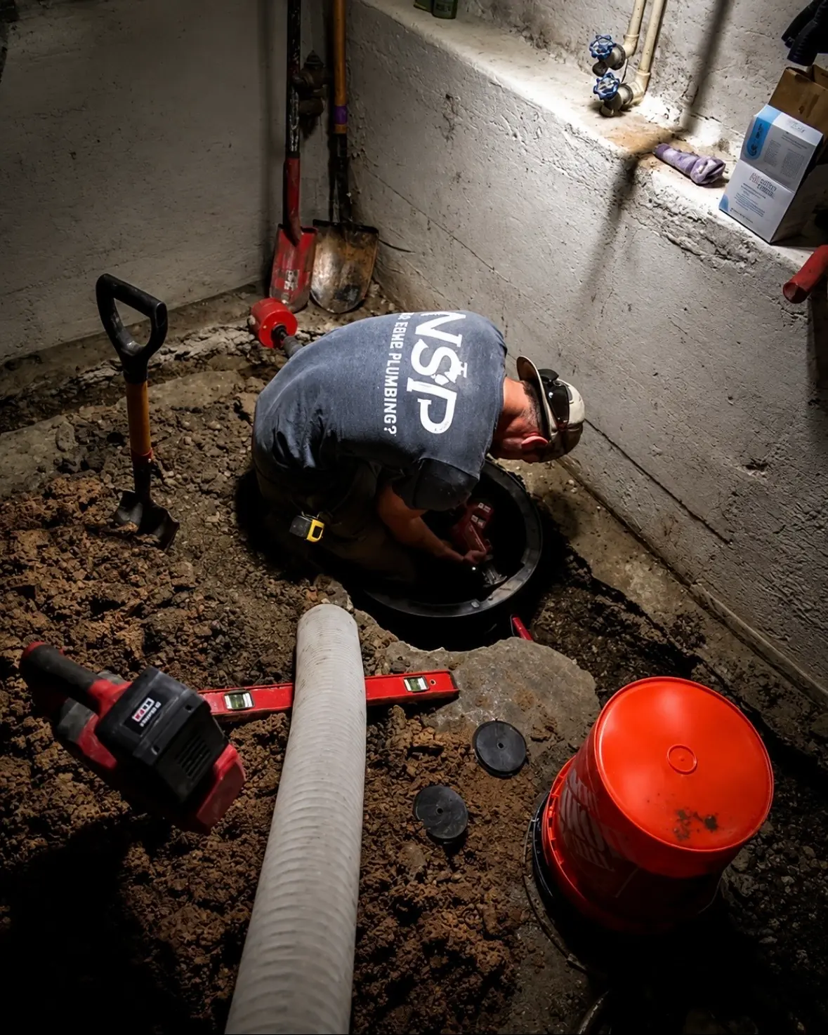 NSP Plumbing plumber installing a new sump pit in a basement floor
