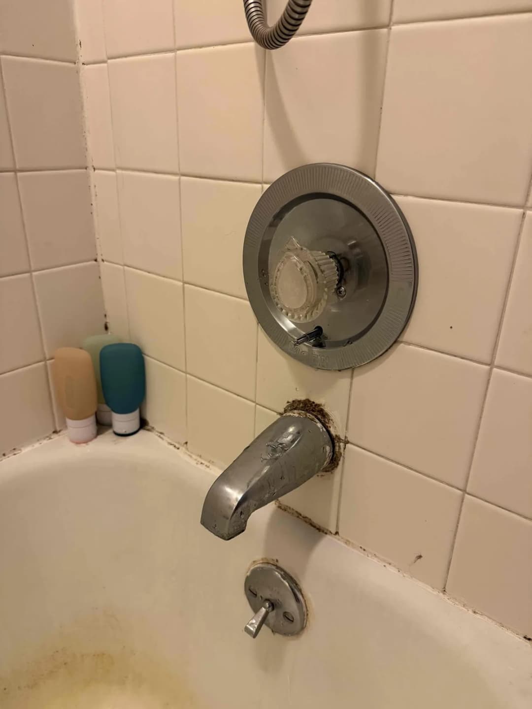 Single handle shower trim plate and handle above a bathtub spout