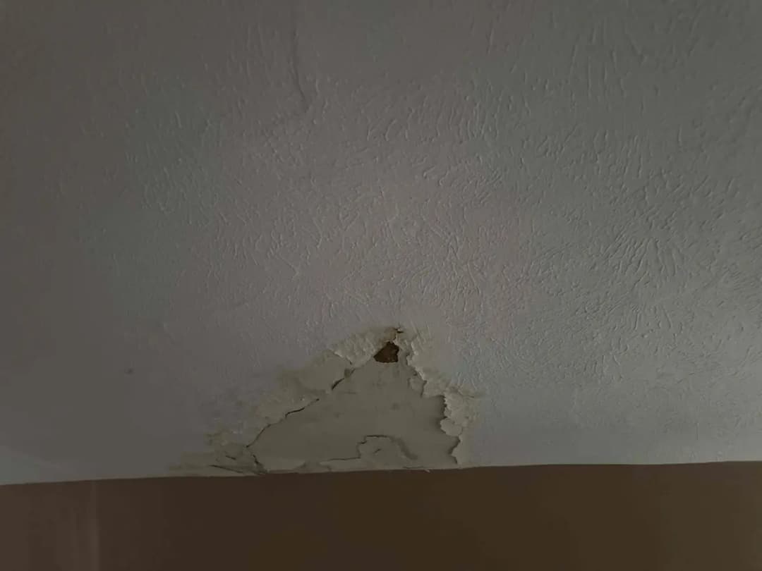 Small water stain with peeling paint on a white ceiling near the wall