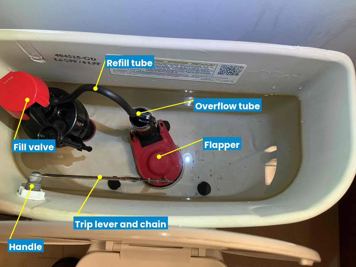 Inside of a toilet tank with the fill valve, refill tube, overflow tube, flapper, trip lever and handle labeled